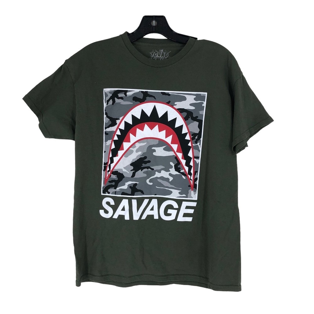 The Young & Wild Savage Camo T-Shirt; Shark Teeth, Mouth, Scary, Fish SZ Youth L